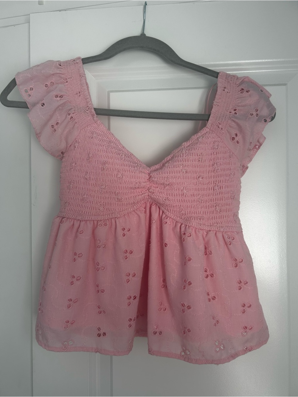 Smocked Eyelet Flutter Sleeve Blouse in Soft Pink
